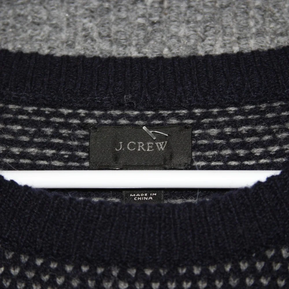 J‎ Crew Sweater Mens XL Navy Gray 100 Lambswool Textured Crewneck Fall Luxury